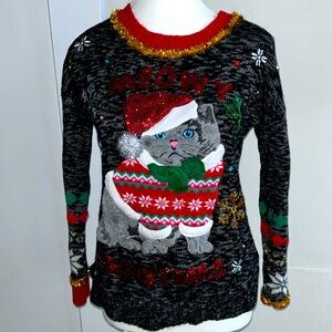 Ugly Christmas sweater “meowy Christmas” Cat sparkle holiday sweater
